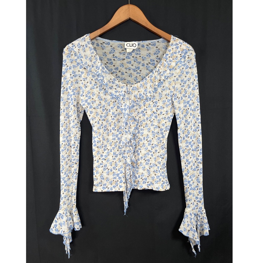 Y2K Clio Boho Fairycore Floral Mesh Top M Bell Sleeve Whimsical Cottagecore
